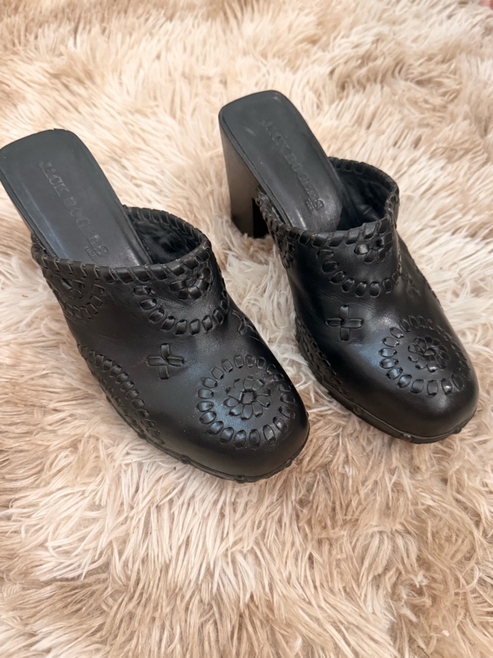 Jack Rogers Black Leather Embossed Mule Heels